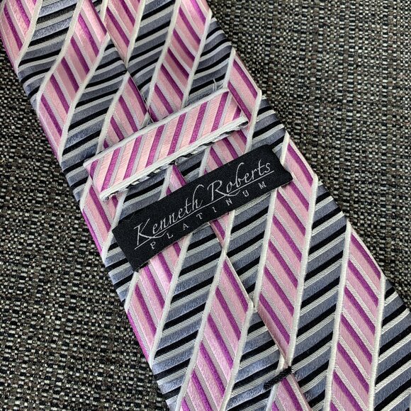 KENNETH ROBERTS Platinum Pink Black Necktie - silk designer geometric striped - Picture 8 of 9